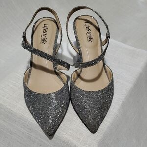 Life Stride Silver Glitter Pointed Sling Heels